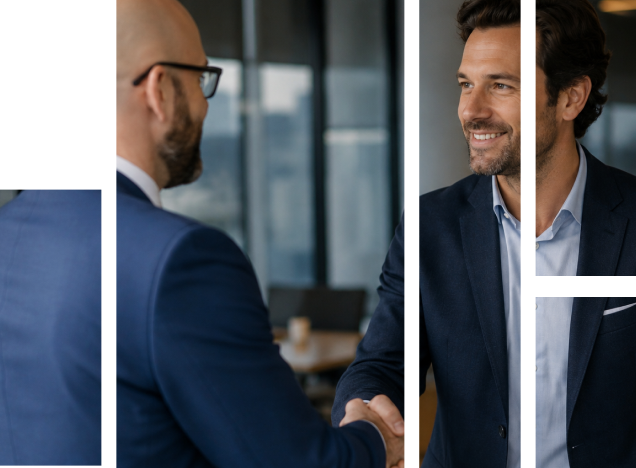 Two men in business suits shake hands in an office setting, with vertical white bars partially obscuring the image.