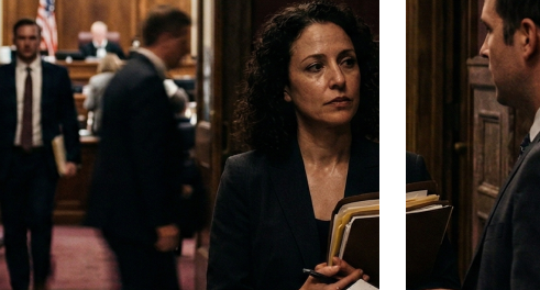Attorneys discussing legal case details inside an active courtroom hallway