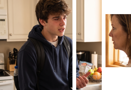 Upset teen speaking with a parent in a kitchen during a serious family discussion