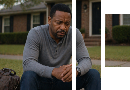 Man sitting outside a home looking stressed and concerned during a difficult legal situation