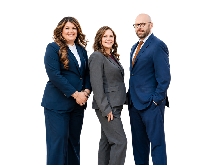 Professional legal team portrait featuring three attorneys in business attire