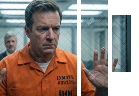 Man in an orange prison uniform standing behind reinforced jail glass