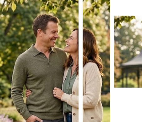 Couple smiling together outdoors in a peaceful park setting
