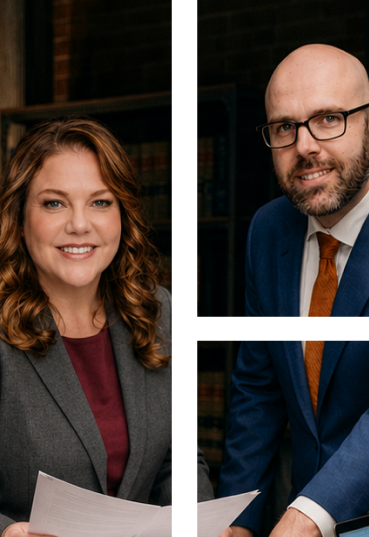 Two attorneys posing inside a law office with legal bookshelves in the background.