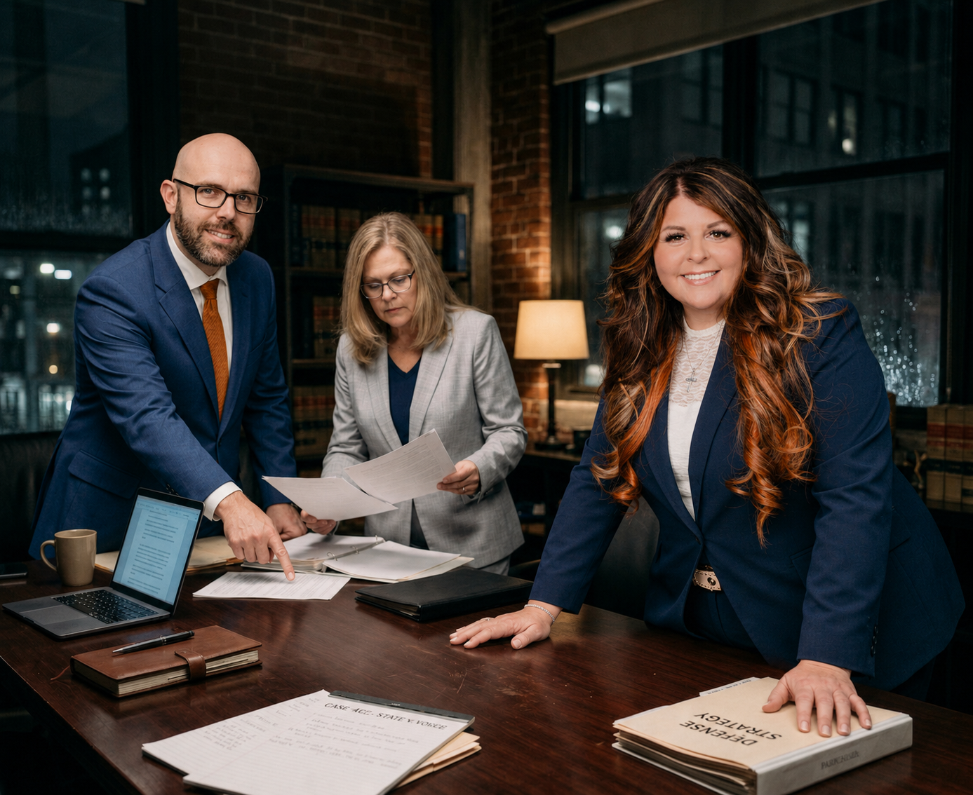 Three attorneys collaborating on legal case strategy in a modern law office at night.