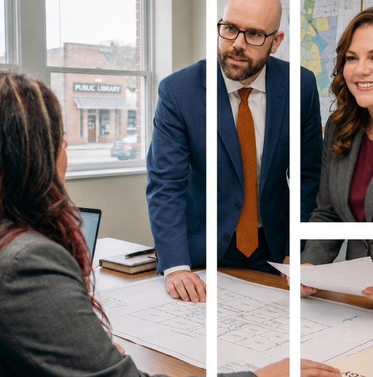 Three attorneys reviewing legal documents together inside a modern law office conference room