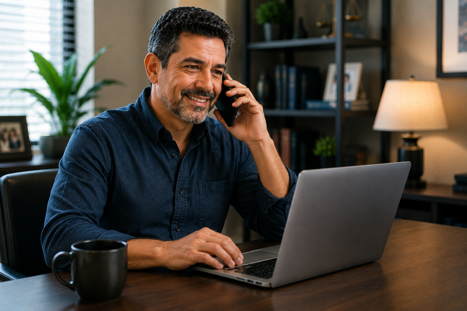 Man speaking on the phone while working on a laptop in a modern home office.