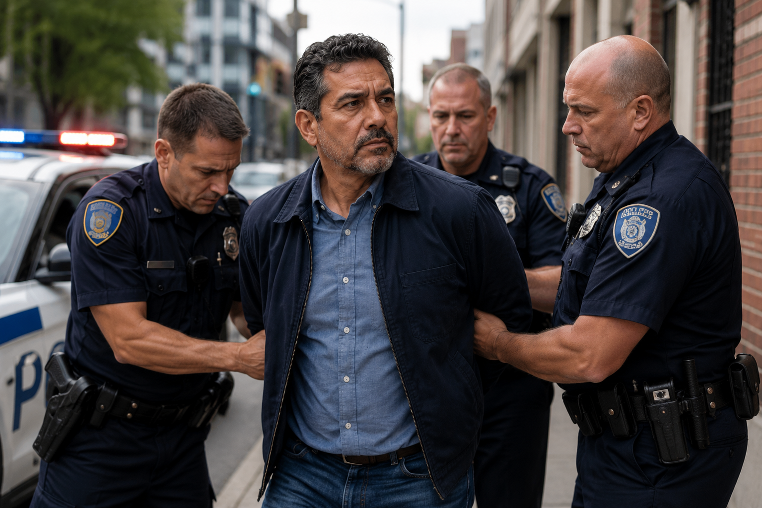 Police officers arresting a man on a city street during an active criminal investigation.