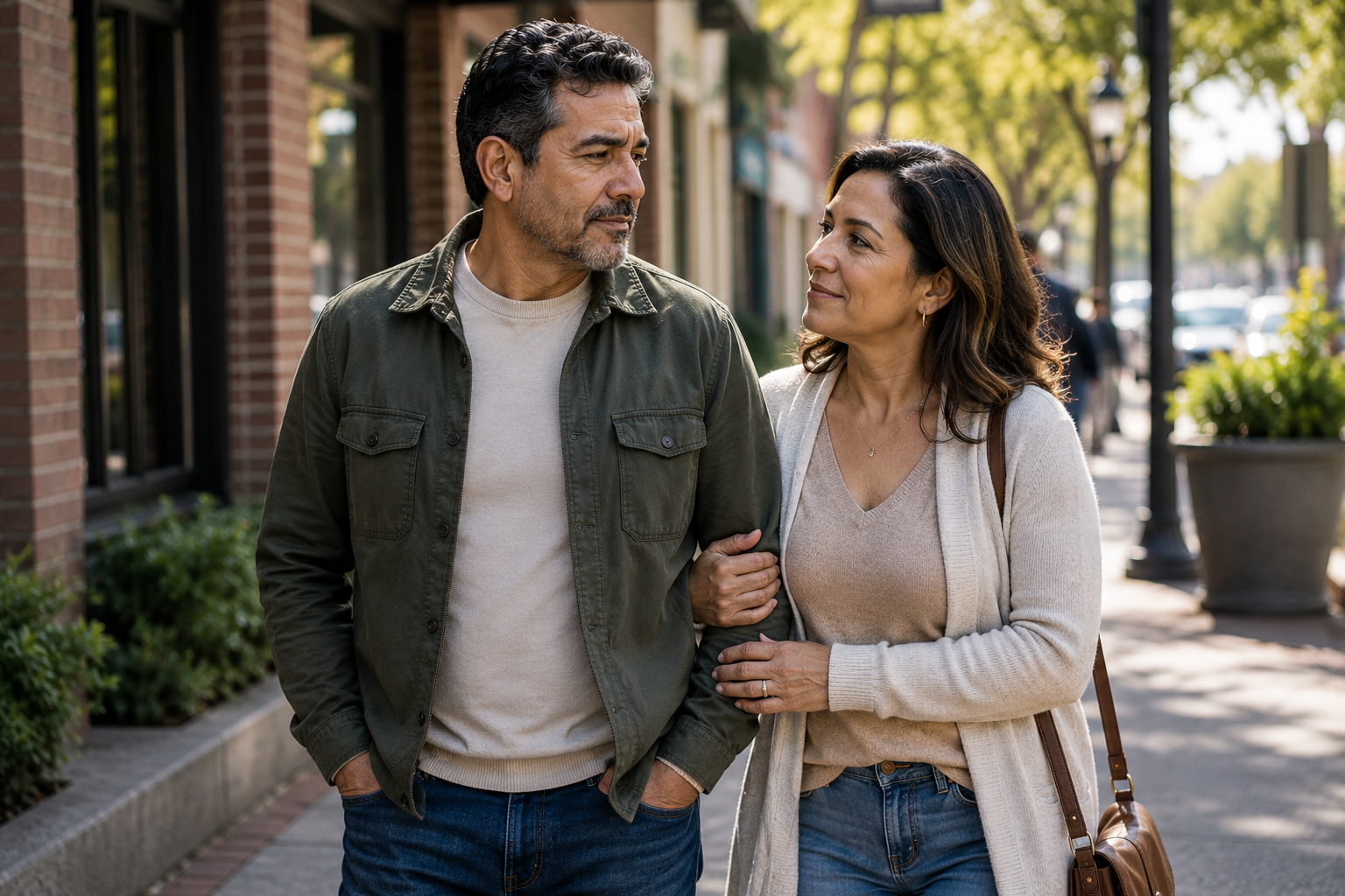 Couple walking together down a city sidewalk while sharing a supportive and peaceful moment.