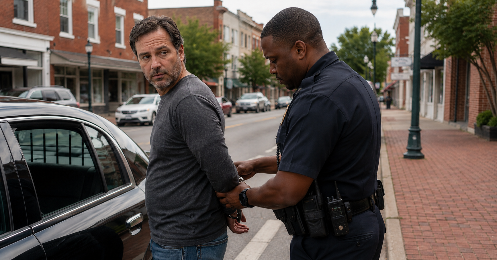 A police officer handcuffs a man beside a car on a downtown Fredericksburg street.