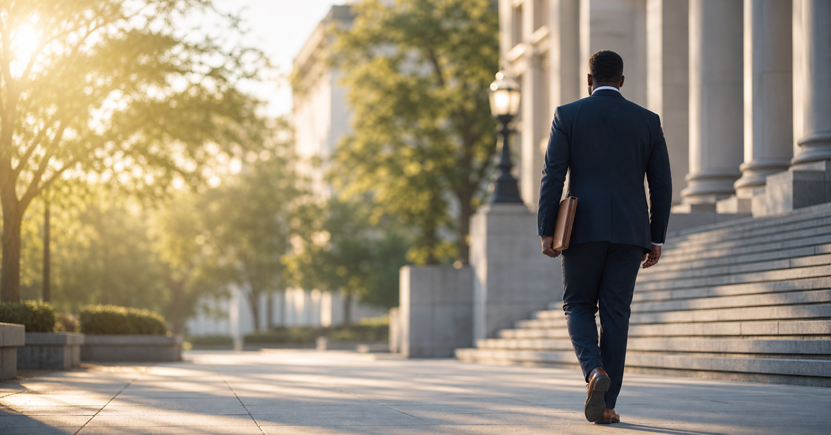 A person leaving a Virginia courthouse with a legal file, representing record sealing and expungement.