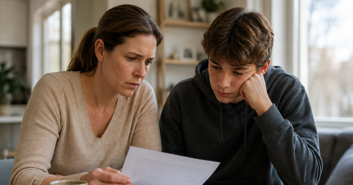Mother and teenage son reviewing paperwork about a juvenile record in Virginia