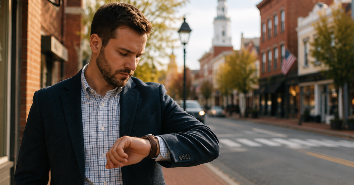 Man checking his watch in downtown Fredericksburg Virginia
